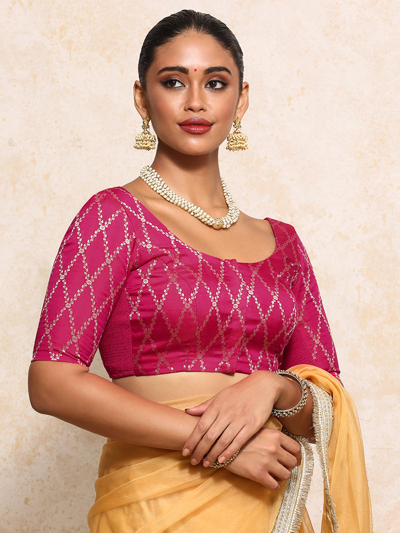 Kumkum x Tyohaar | Elbow Sleeves Saree Blouse in Rosy Pink Vine Mesh Brocade-Binks