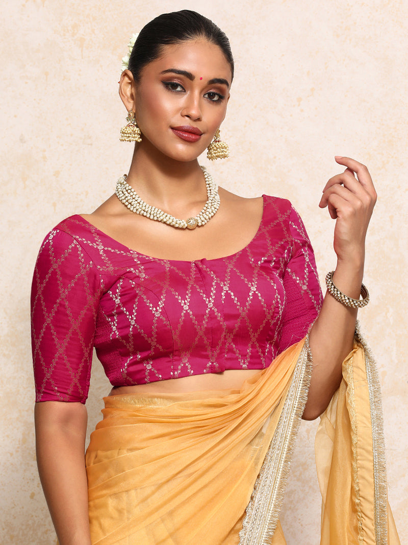 Kumkum x Tyohaar | Elbow Sleeves Saree Blouse in Rosy Pink Vine Mesh Brocade-Binks