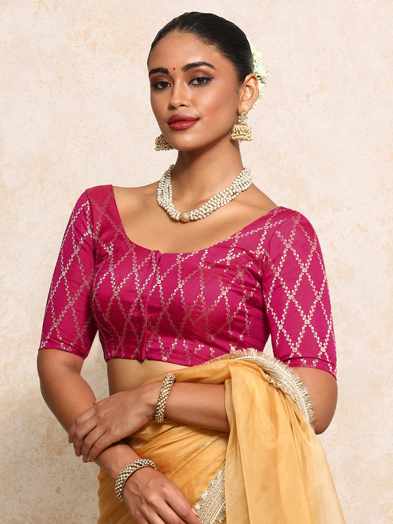 Kumkum x Tyohaar | Elbow Sleeves Saree Blouse in Rosy Pink Vine Mesh Brocade-Binks
