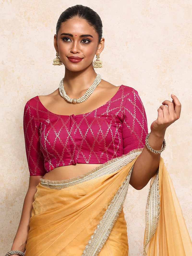 Kumkum x Tyohaar | Elbow Sleeves Saree Blouse in Rosy Pink Vine Mesh Brocade-Binks