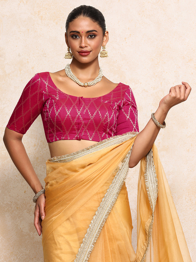 Kumkum x Tyohaar | Elbow Sleeves Saree Blouse in Rosy Pink Vine Mesh Brocade-Binks
