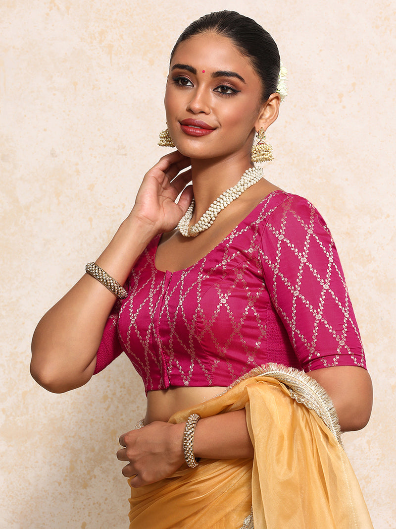 Kumkum x Tyohaar | Elbow Sleeves Saree Blouse in Rosy Pink Vine Mesh Brocade-Binks