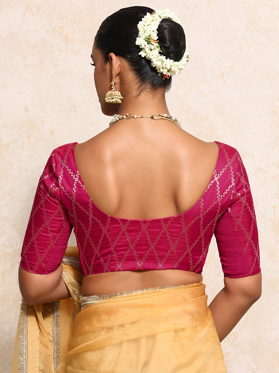 Kumkum x Tyohaar Saree Blouse, in Pink Viscose Silk Brocade, featuring elbow sleeves and round neckline (view 2).