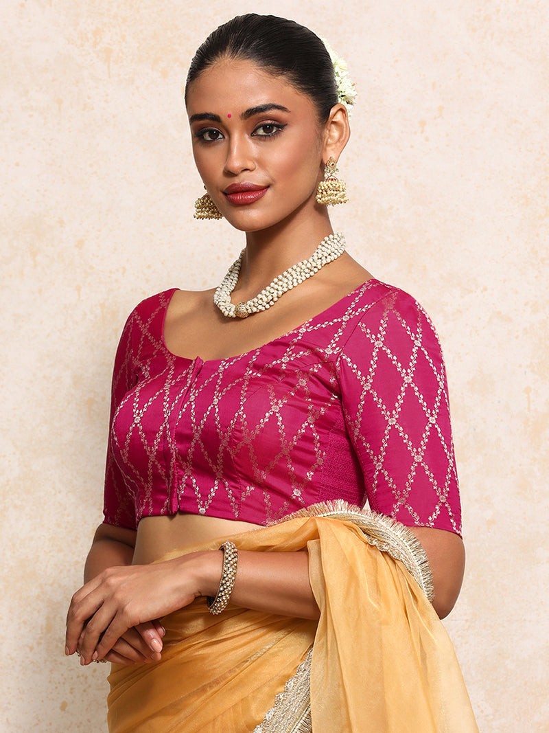 Kumkum x Tyohaar | Elbow Sleeves Saree Blouse in Rosy Pink Vine Mesh Brocade-Binks