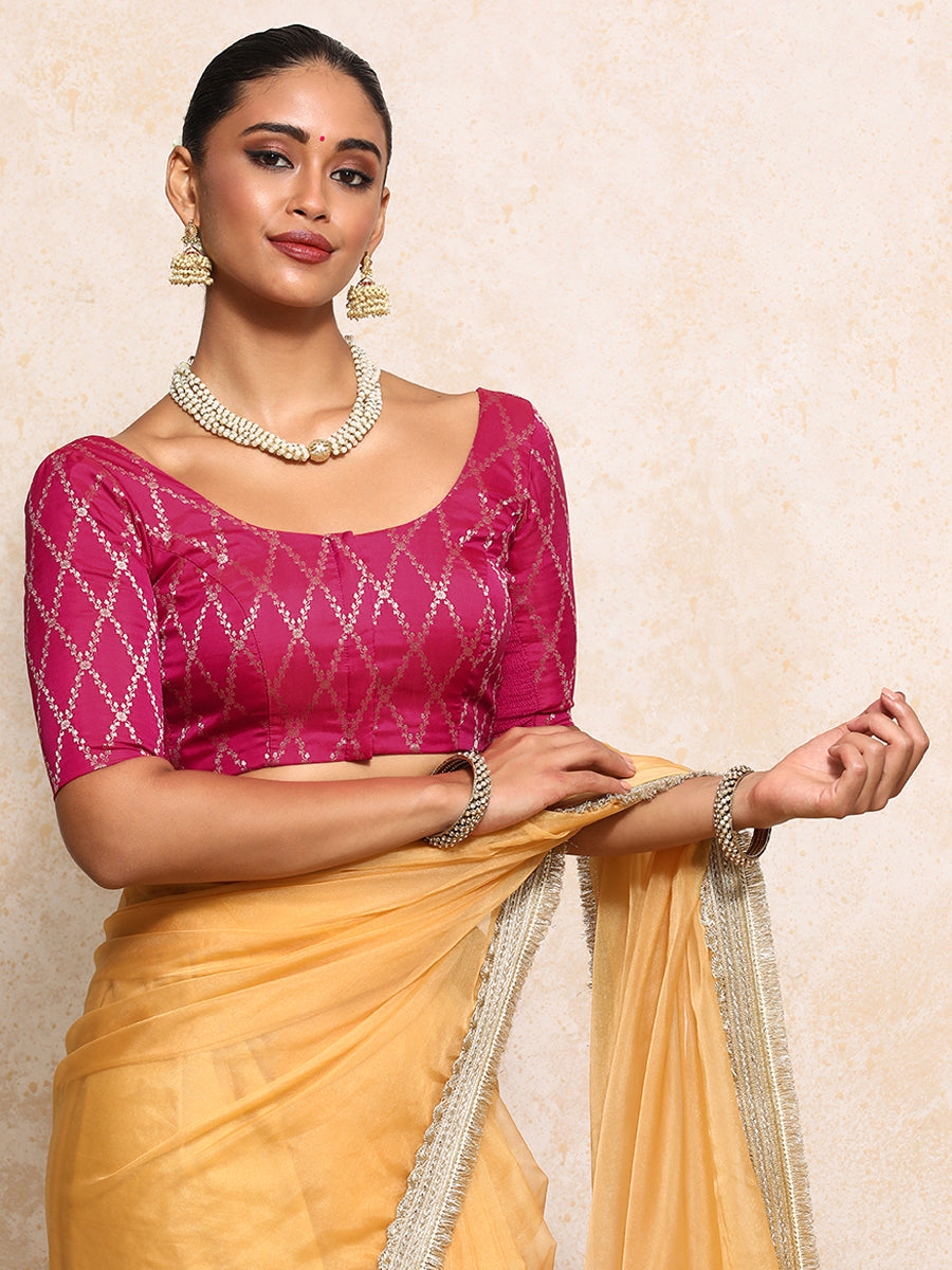 Kumkum x Tyohaar Saree Blouse, in Pink Viscose Silk Brocade, featuring elbow sleeves and round neckline (view 7).