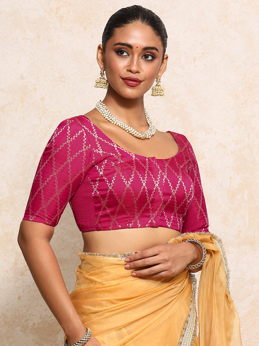 Kumkum x Tyohaar Saree Blouse, in Pink Viscose Silk Brocade, featuring elbow sleeves and round neckline (view 8).