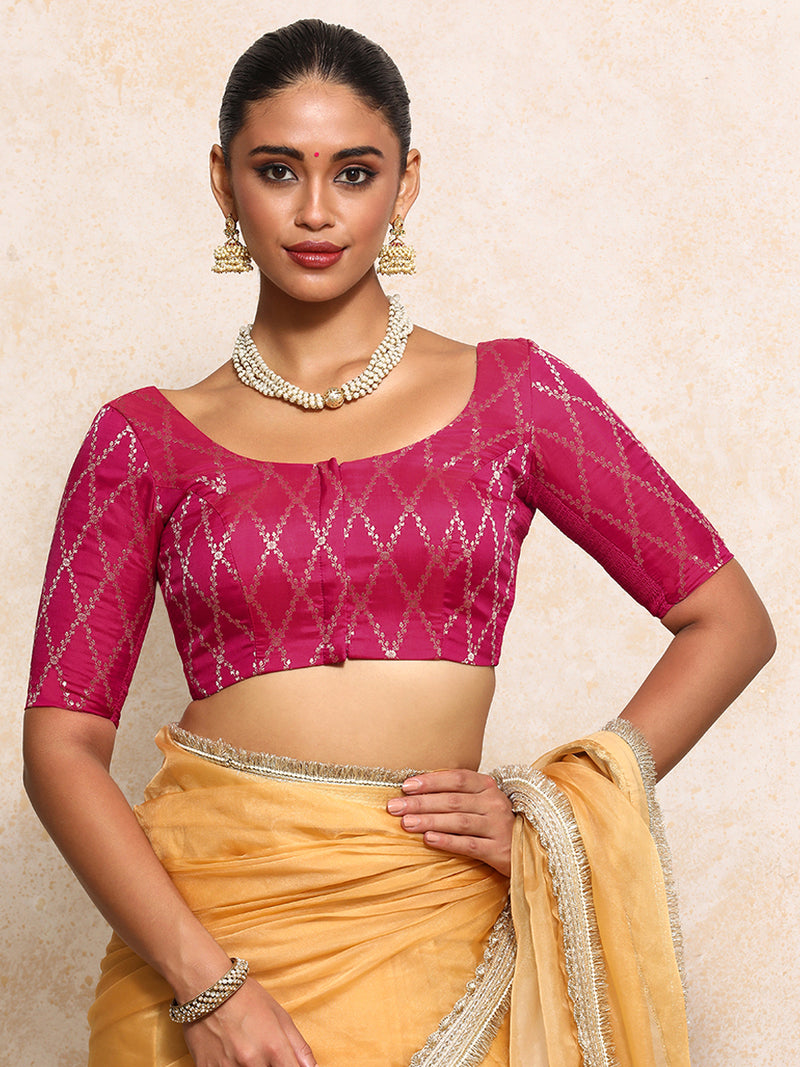 Kumkum x Tyohaar | Elbow Sleeves Saree Blouse in Rosy Pink Vine Mesh Brocade-Binks