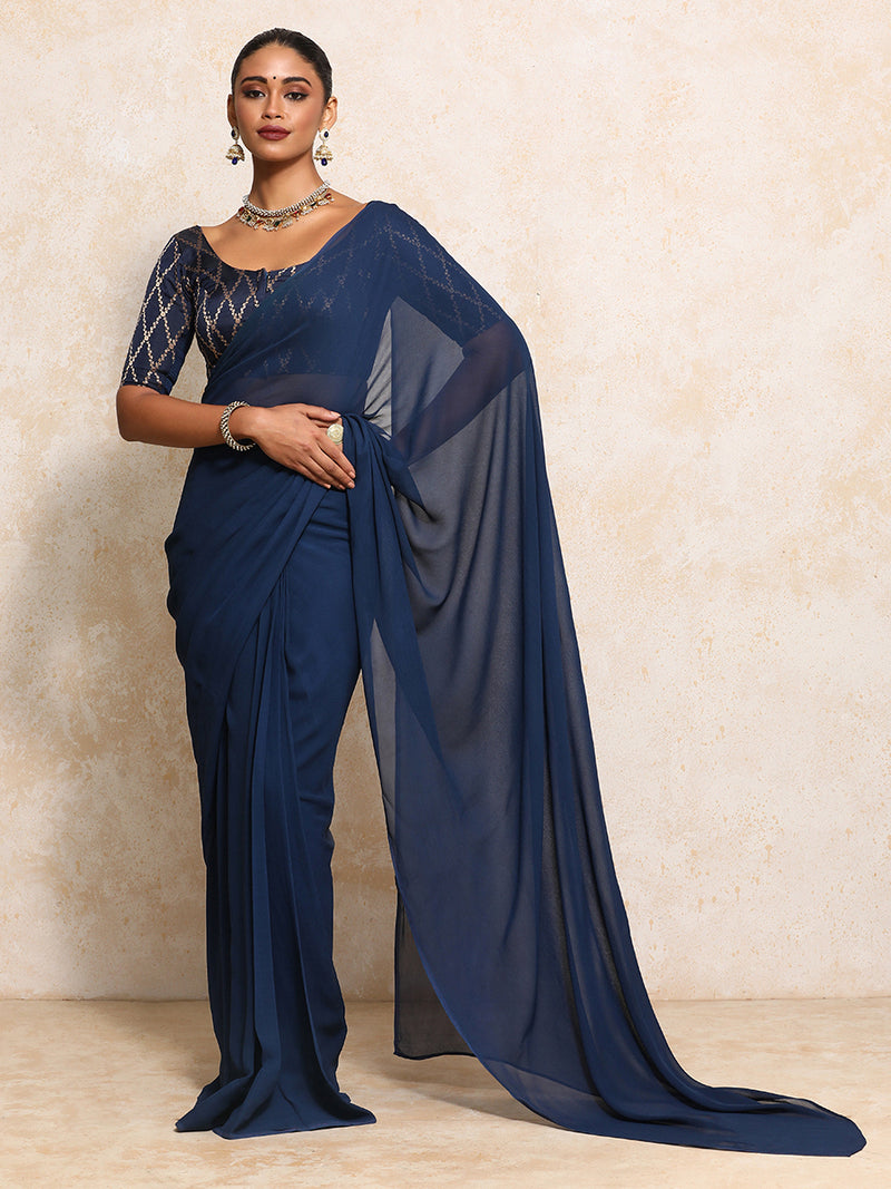Kumkum x Tyohaar | Elbow Sleeves Saree Blouse in Royal Navy Vine Mesh Brocade-Binks