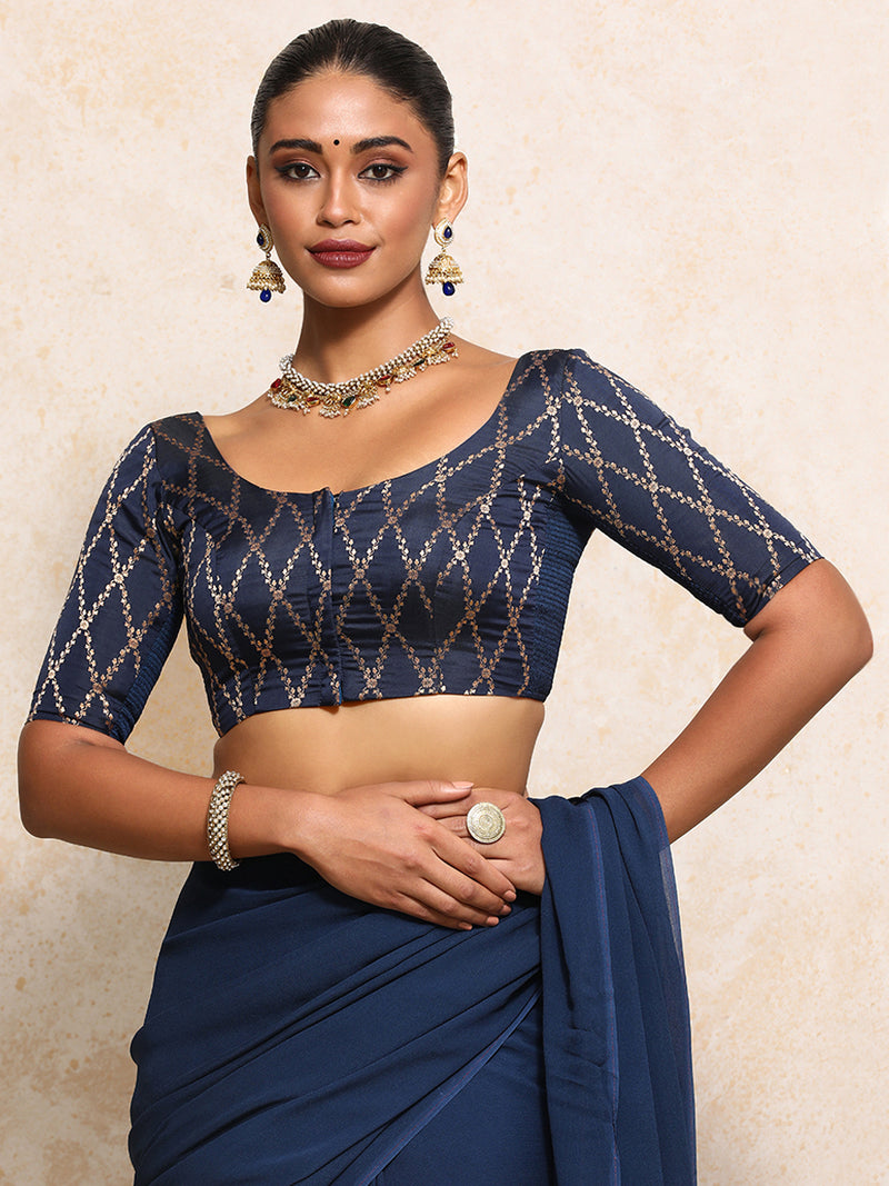 Kumkum x Tyohaar | Elbow Sleeves Saree Blouse in Royal Navy Vine Mesh Brocade-Binks