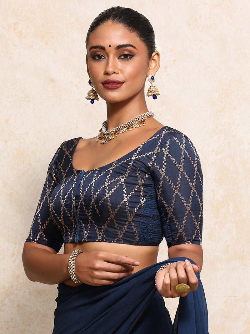 Kumkum x Tyohaar | Elbow Sleeves Saree Blouse in Royal Navy Vine Mesh Brocade-Binks