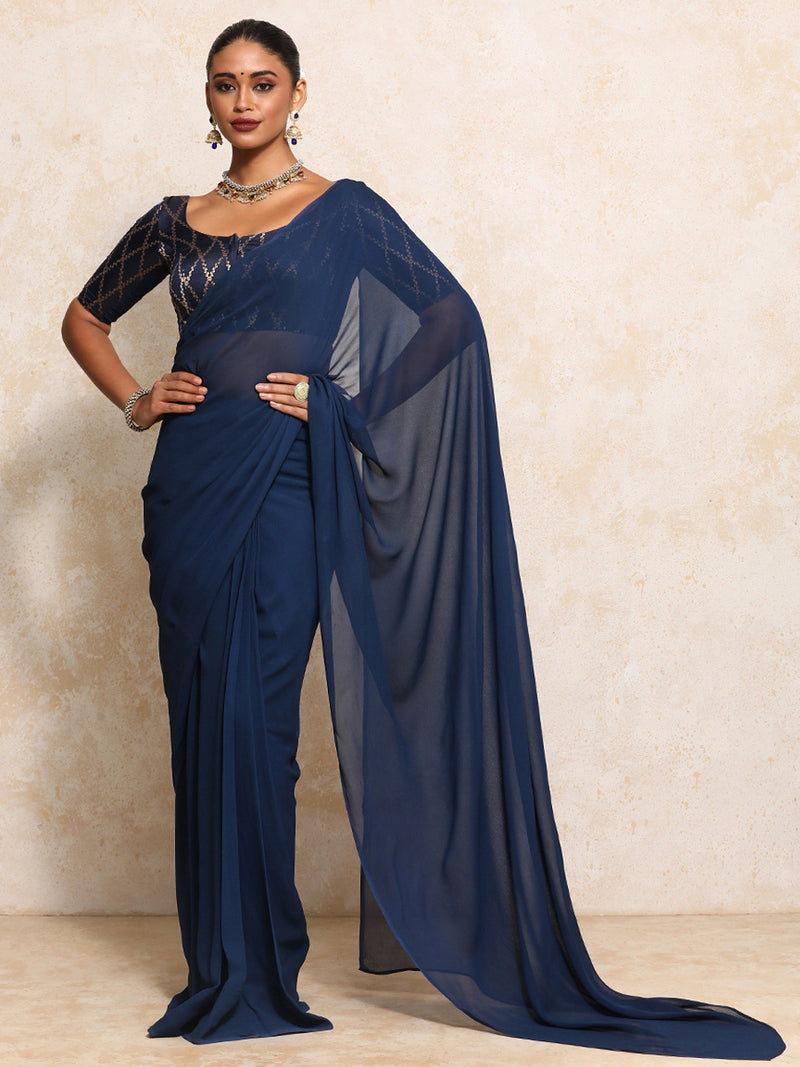 Kumkum x Tyohaar | Elbow Sleeves Saree Blouse in Royal Navy Vine Mesh Brocade-Binks