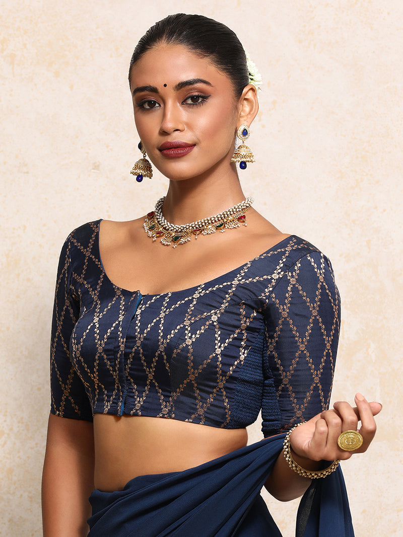 Kumkum x Tyohaar | Elbow Sleeves Saree Blouse in Royal Navy Vine Mesh Brocade-Binks
