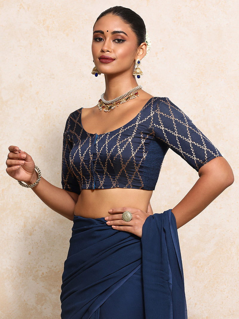 Kumkum x Tyohaar | Elbow Sleeves Saree Blouse in Royal Navy Vine Mesh Brocade-Binks