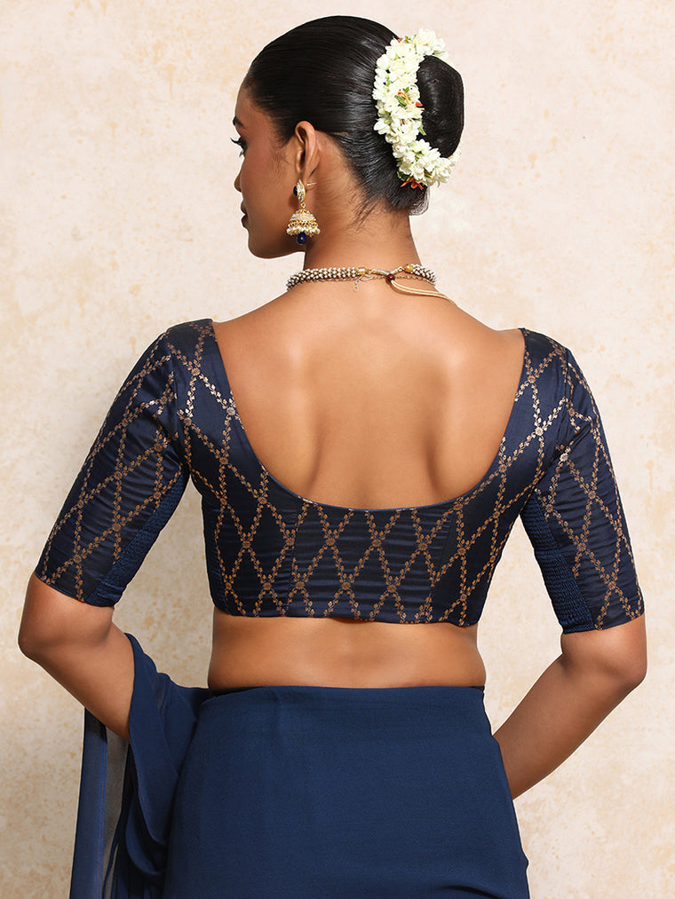 Kumkum x Tyohaar Saree Blouse, in Blue Viscose Silk Brocade, featuring elbow sleeves and round neckline (view 2).