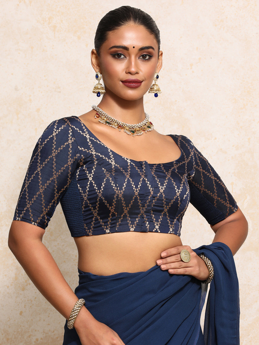 Kumkum x Tyohaar Saree Blouse, in Blue Viscose Silk Brocade, featuring elbow sleeves and round neckline (view 5).