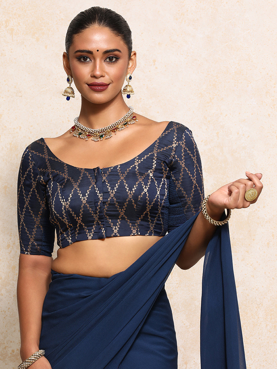 Kumkum x Tyohaar Saree Blouse, in Blue Viscose Silk Brocade, featuring elbow sleeves and round neckline (view 6).