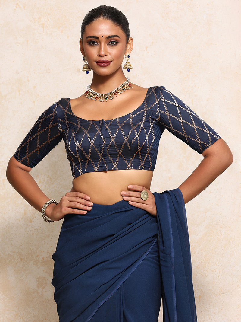 Kumkum x Tyohaar | Elbow Sleeves Saree Blouse in Royal Navy Vine Mesh Brocade-Binks