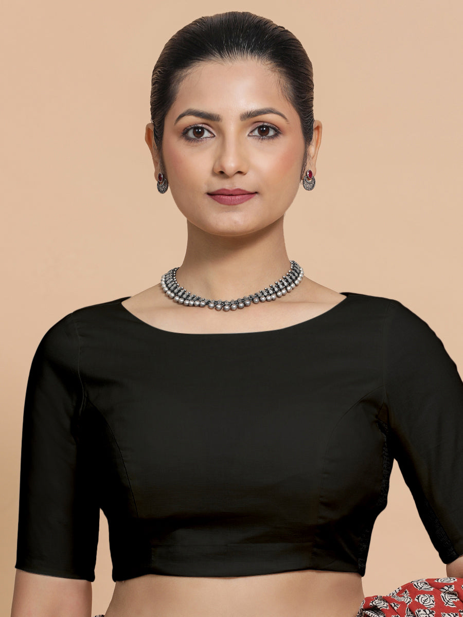 Kumud x Rozaana Saree Blouse, in Black Cotton, featuring elbow sleeves and boat neckline, made for daily & work.