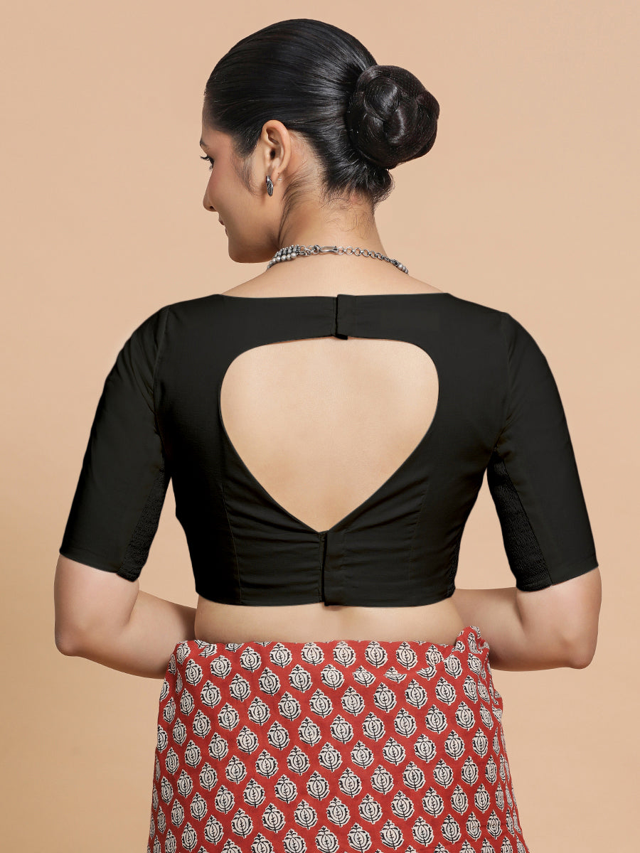 Kumud x Rozaana Saree Blouse, in Black Cotton, featuring elbow sleeves and boat neckline, made for daily & work (view 2).