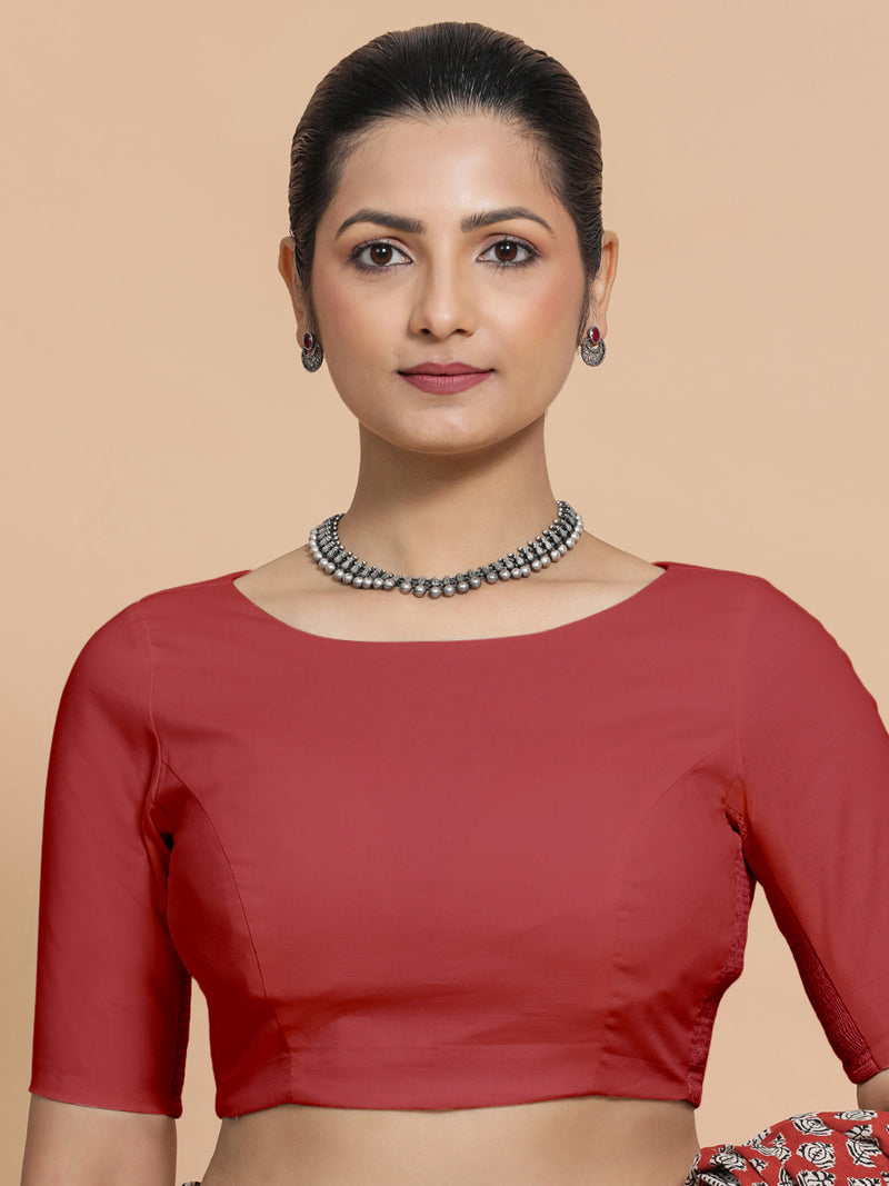 Kumud x Rozaana | Elbow Sleeves Saree Blouse in Carmine Red Plain Cotton-Binks