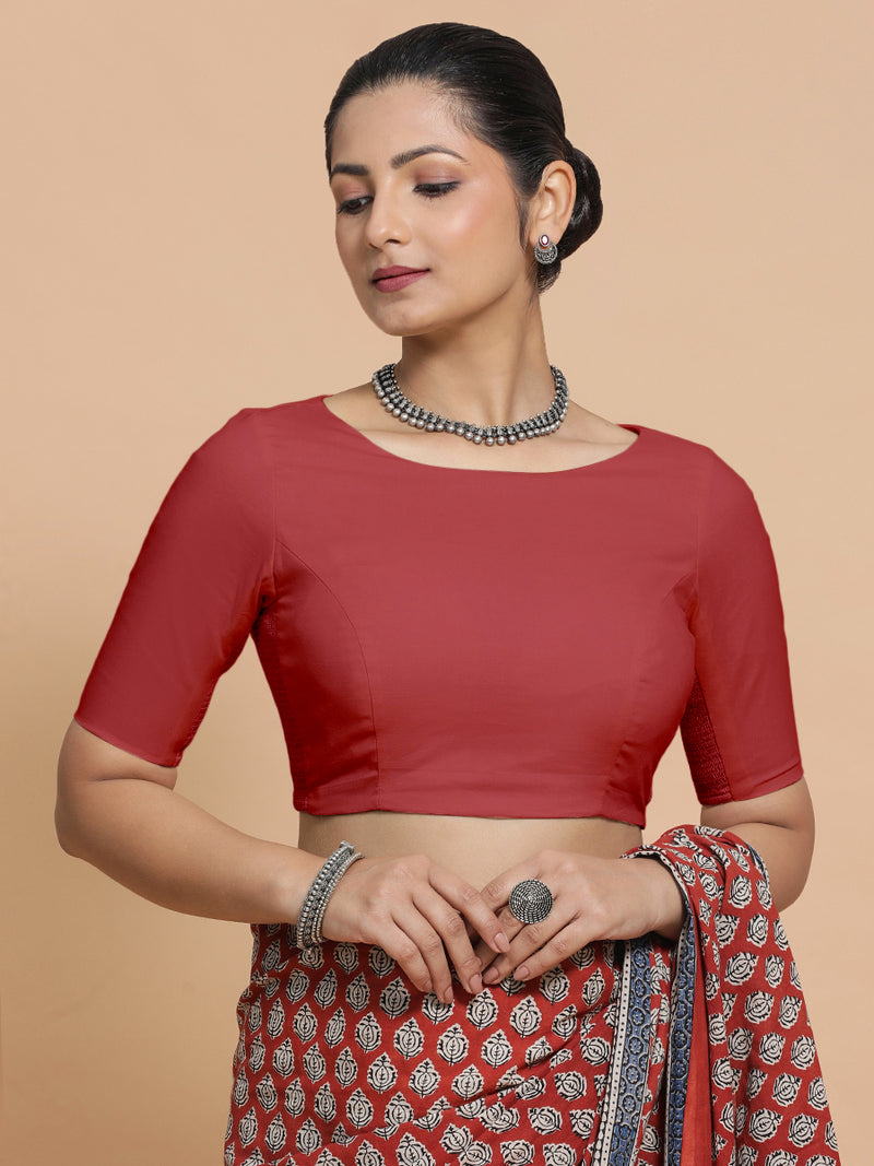 Kumud x Rozaana | Elbow Sleeves Saree Blouse in Carmine Red Plain Cotton-Binks