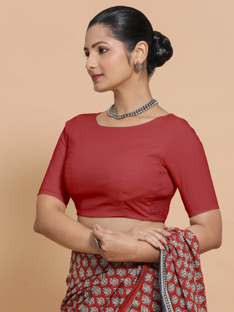 Kumud x Rozaana | Elbow Sleeves Saree Blouse in Carmine Red Plain Cotton-Binks