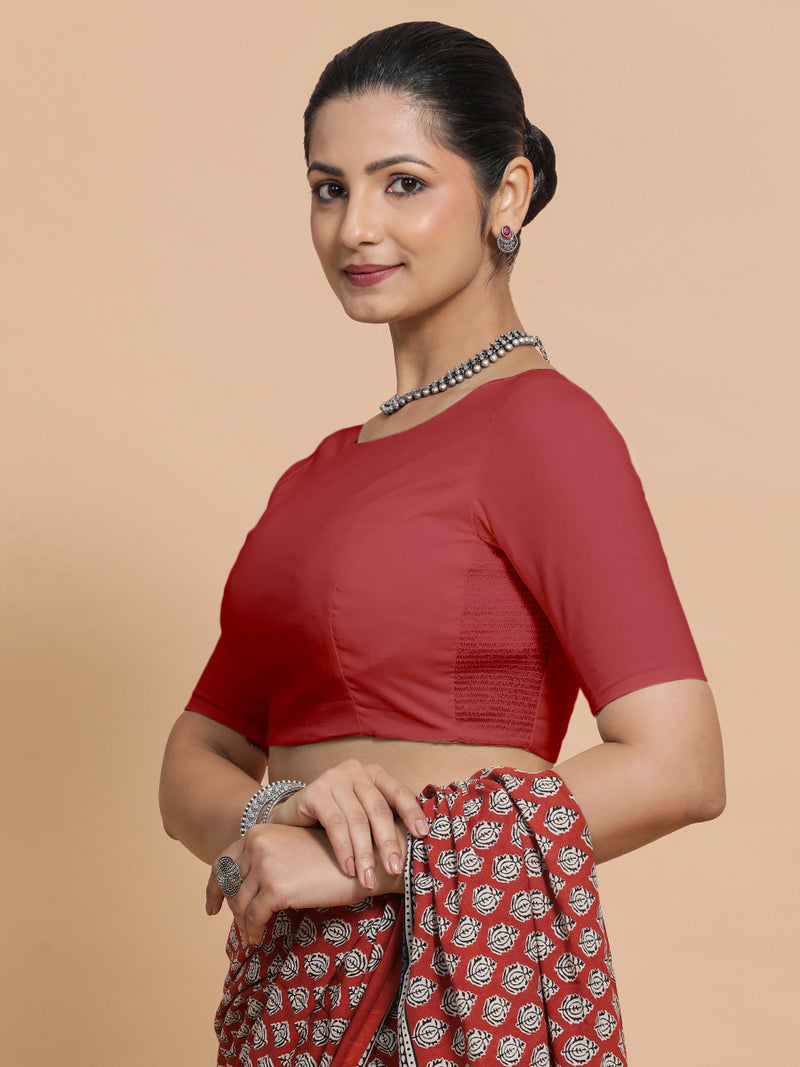 Kumud x Rozaana | Elbow Sleeves Saree Blouse in Carmine Red Plain Cotton-Binks