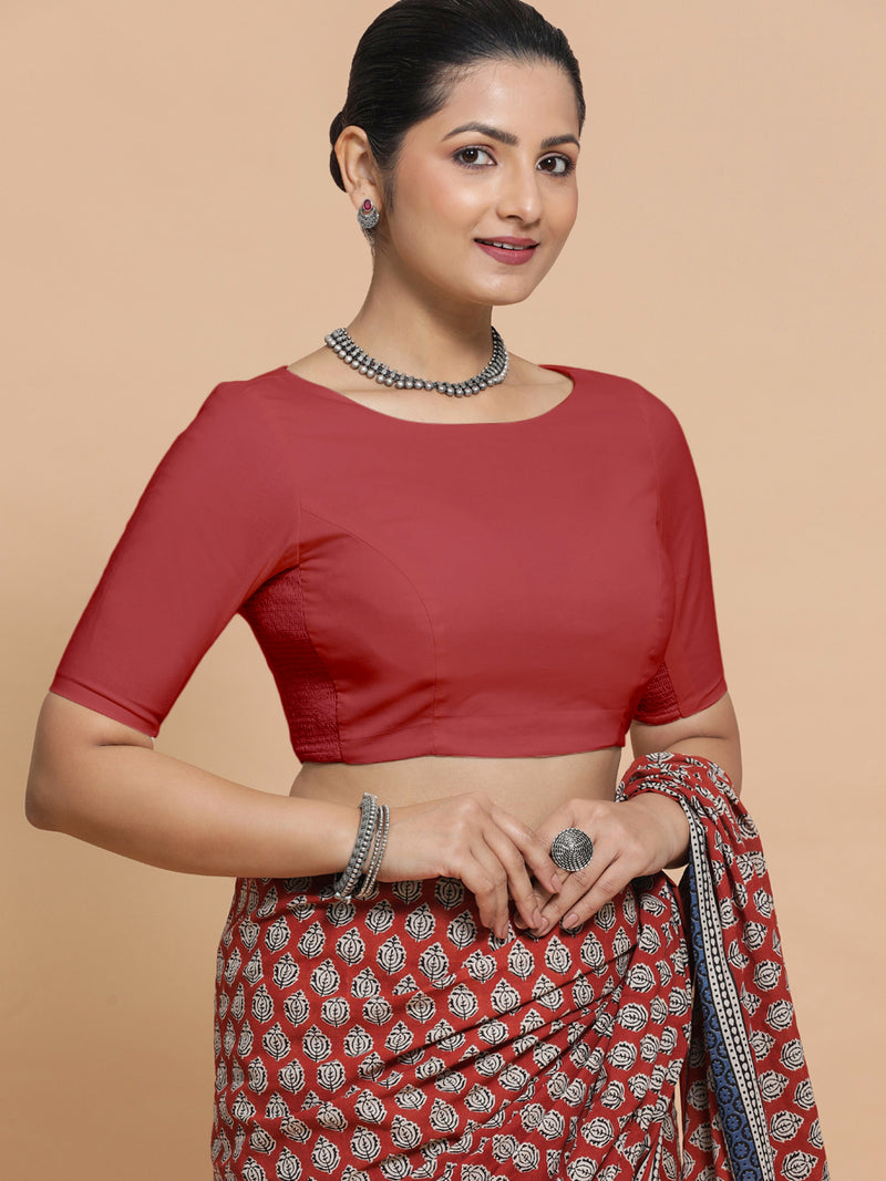 Kumud x Rozaana | Elbow Sleeves Saree Blouse in Carmine Red Plain Cotton-Binks