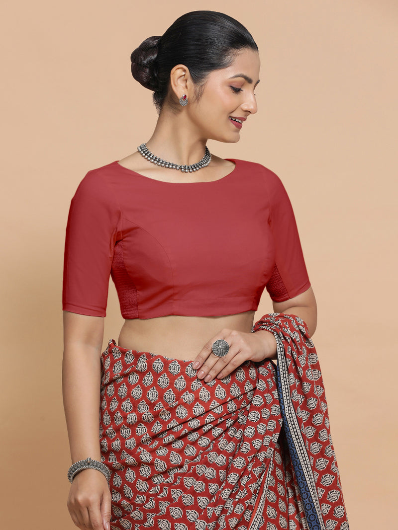 Kumud x Rozaana | Elbow Sleeves Saree Blouse in Carmine Red Plain Cotton-Binks