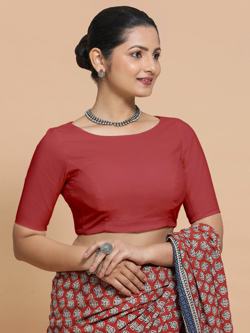 Kumud x Rozaana | Elbow Sleeves Saree Blouse in Carmine Red Plain Cotton-Binks