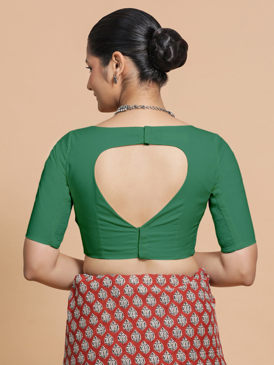 Kumud x Rozaana Saree Blouse, in Green 100% Cotton - Solid, featuring elbow sleeves and boat neckline, made for daily & work.