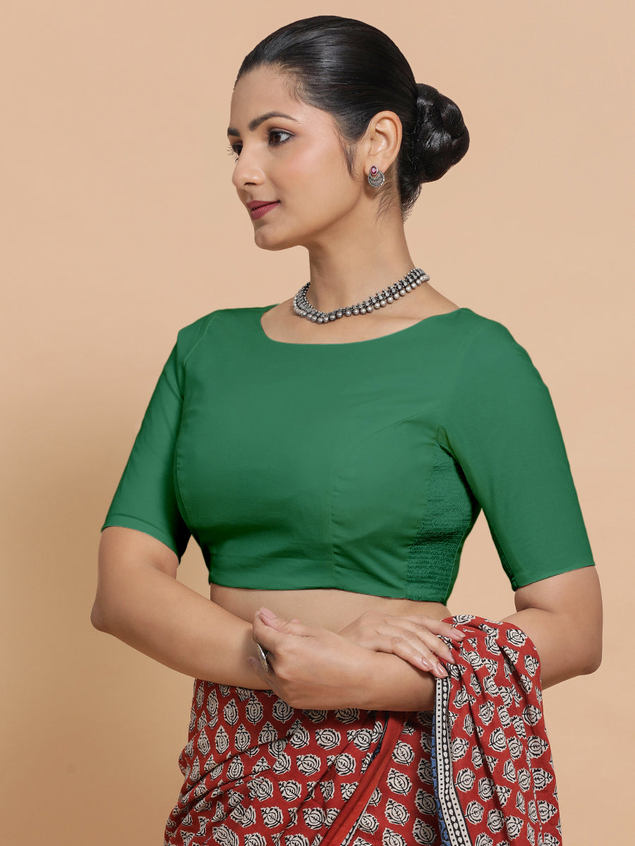 Kumud x Rozaana Saree Blouse, in Green 100% Cotton - Solid, featuring elbow sleeves and boat neckline, made for daily & work.