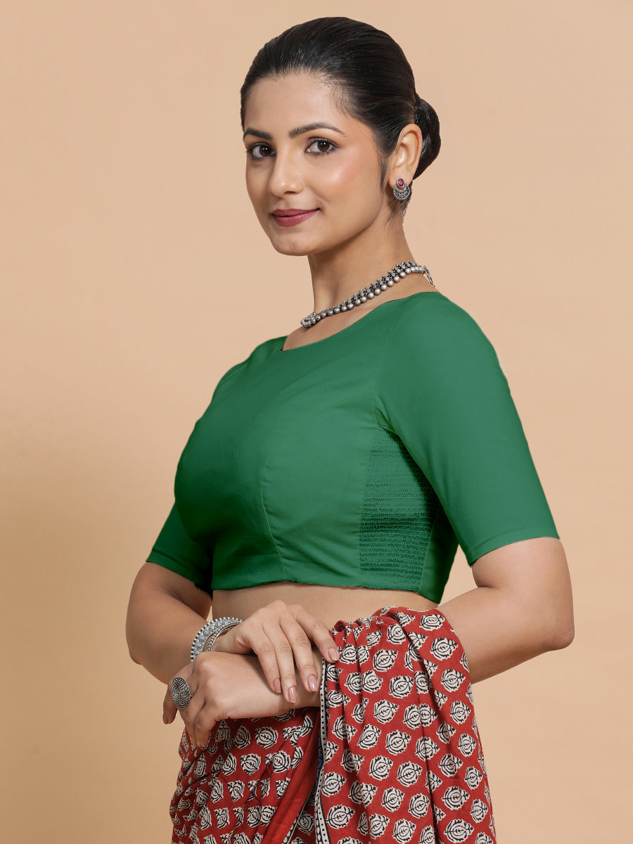 Kumud x Rozaana Saree Blouse, in Green 100% Cotton - Solid, featuring elbow sleeves and boat neckline, made for daily & work.