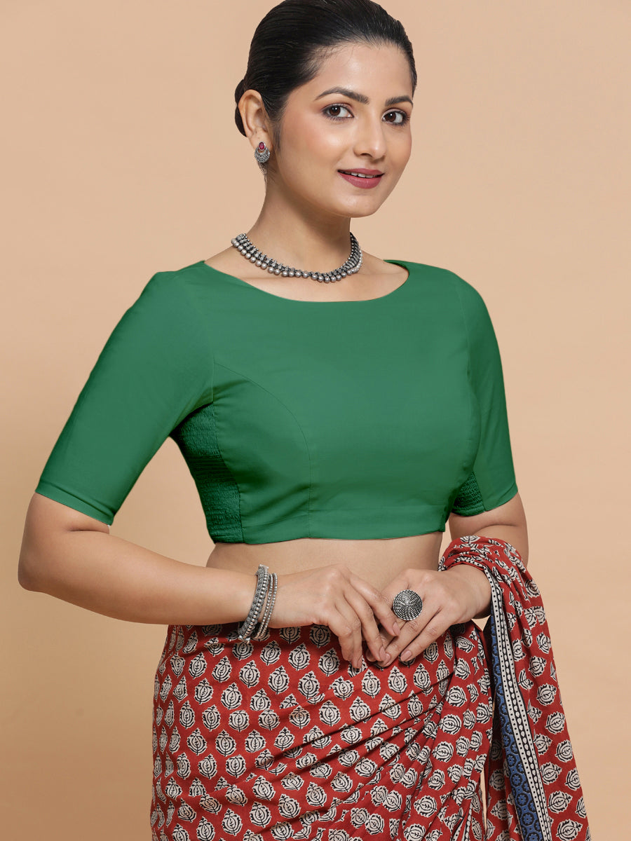 Kumud x Rozaana Saree Blouse, in Green 100% Cotton - Solid, featuring elbow sleeves and boat neckline, made for daily & work.