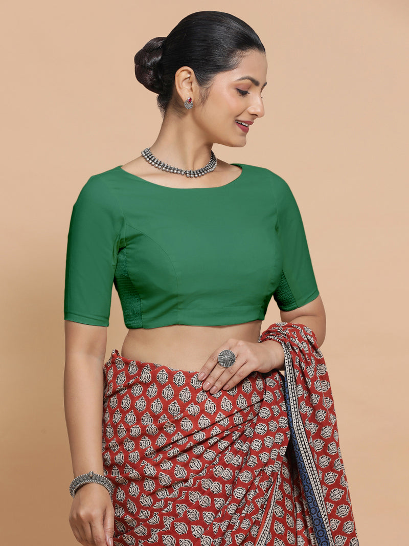 Kumud x Rozaana | Elbow Sleeves Saree Blouse in Castleton Green Plain Cotton-Binks