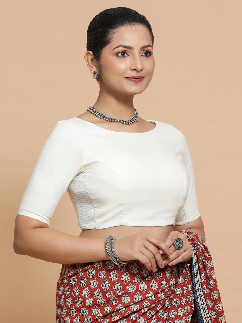 Kumud x Rozaana | Boat Neck Ivory Mist Plain Cotton Saree Blouse-Binks