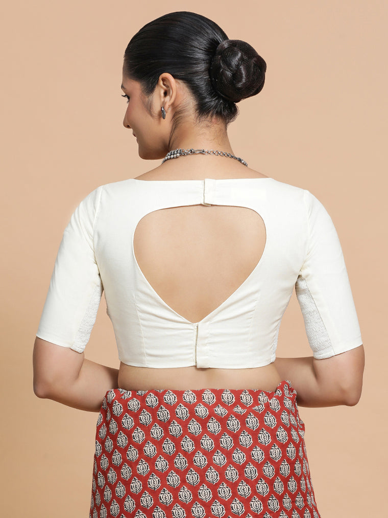 Kumud x Rozaana Saree Blouse, in Cream Cotton, featuring elbow sleeves and boat neckline, made for daily & work (view 2).