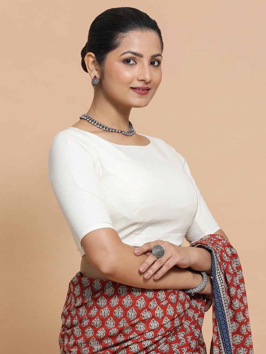 Kumud x Rozaana Saree Blouse, in Cream Cotton, featuring elbow sleeves and boat neckline, made for daily & work (view 5).