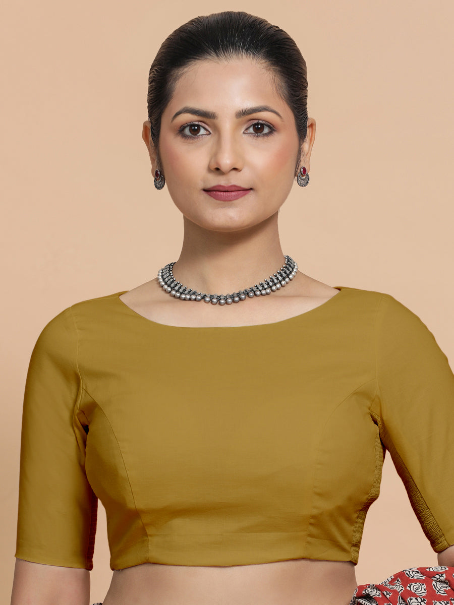 Kumud x Rozaana Saree Blouse, in Yellow Cotton, featuring elbow sleeves and boat neckline, made for daily & work (view 5).