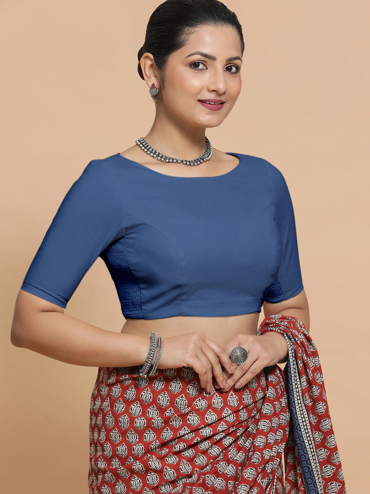 Kumud x Rozaana Saree Blouse, in Blue 100% Cotton - Solid, featuring elbow sleeves and boat neckline, made for daily & work.