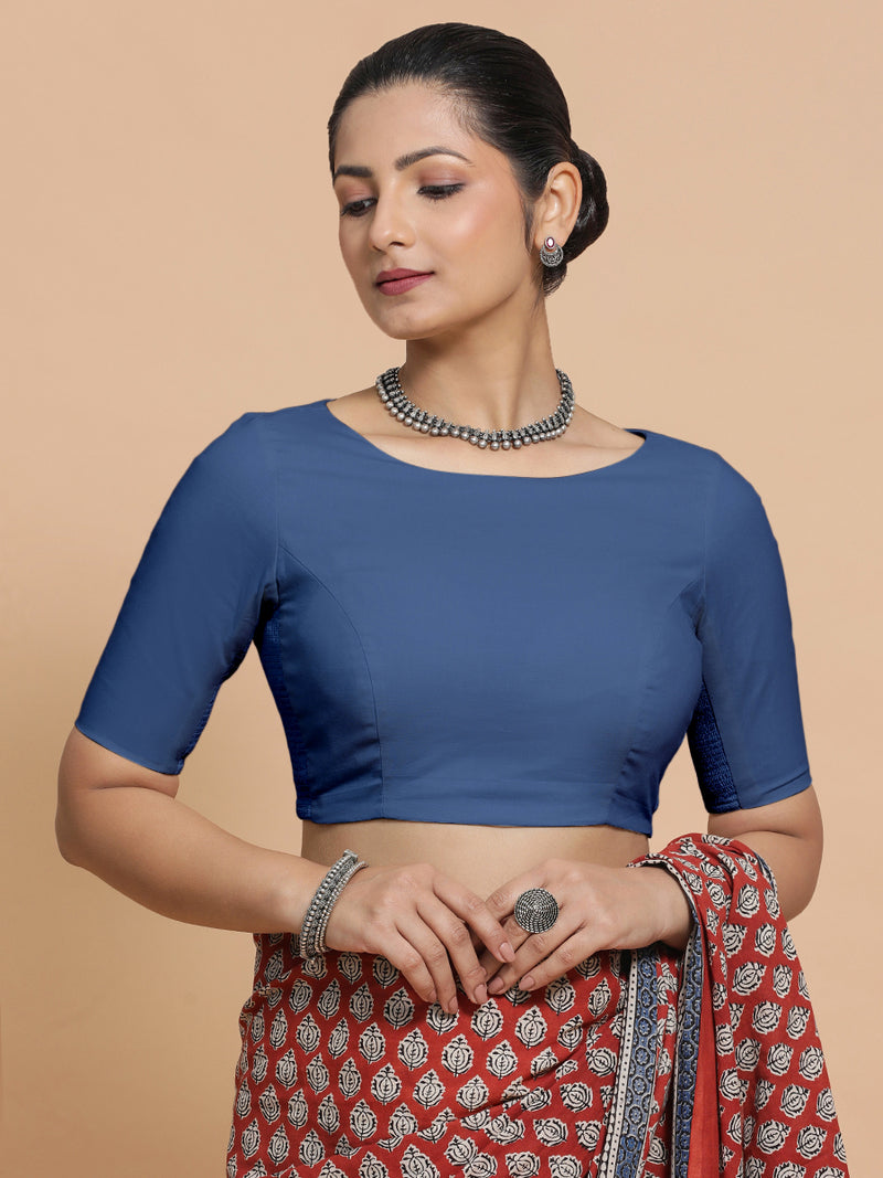 Kumud x Rozaana | Elbow Sleeves Saree Blouse in Lapis Blue Plain Cotton-Binks