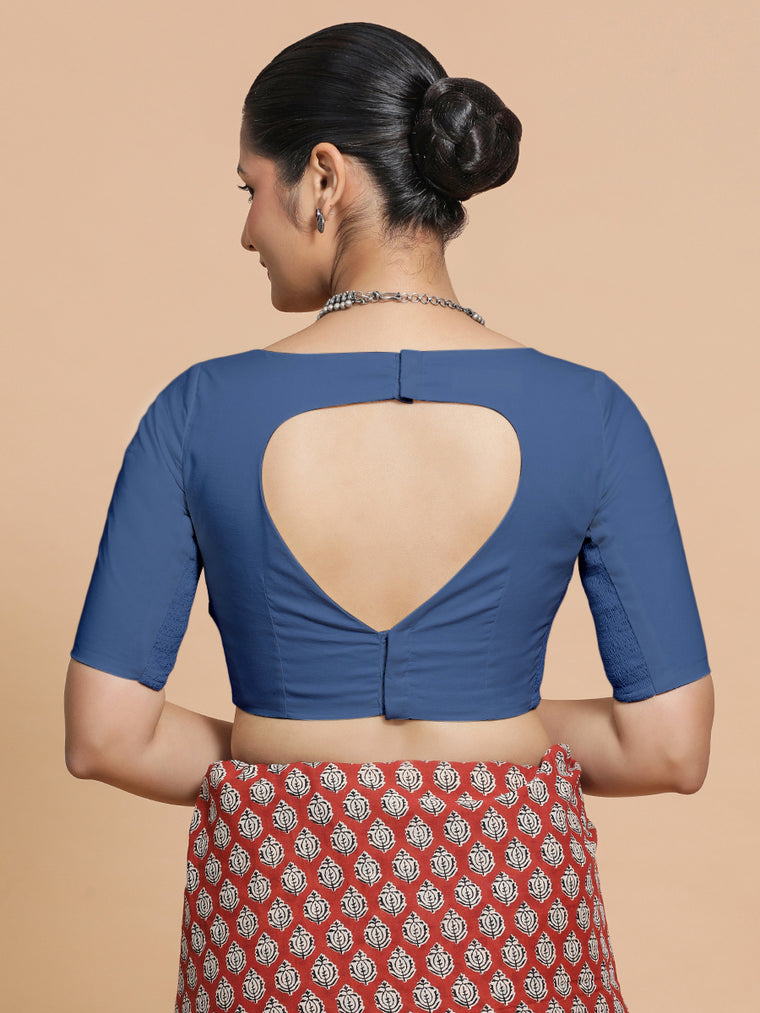 Kumud x Rozaana Saree Blouse, in Blue 100% Cotton - Solid, featuring elbow sleeves and boat neckline, made for daily & work.