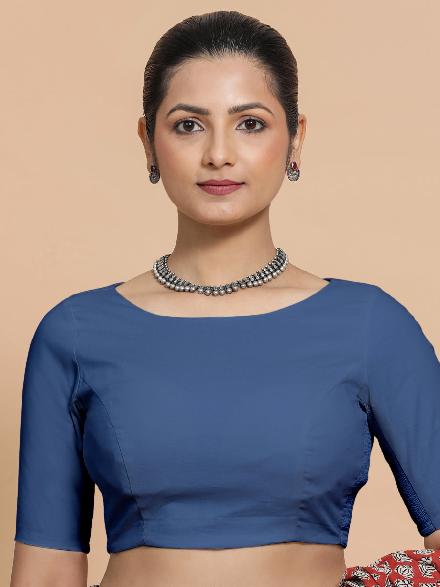 Kumud x Rozaana Saree Blouse, in Blue 100% Cotton - Solid, featuring elbow sleeves and boat neckline, made for daily & work.