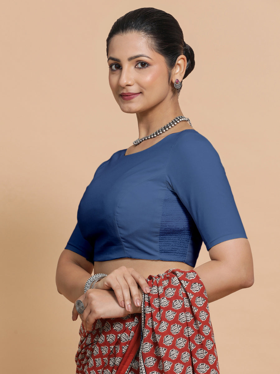 Kumud x Rozaana Saree Blouse, in Blue 100% Cotton - Solid, featuring elbow sleeves and boat neckline, made for daily & work.