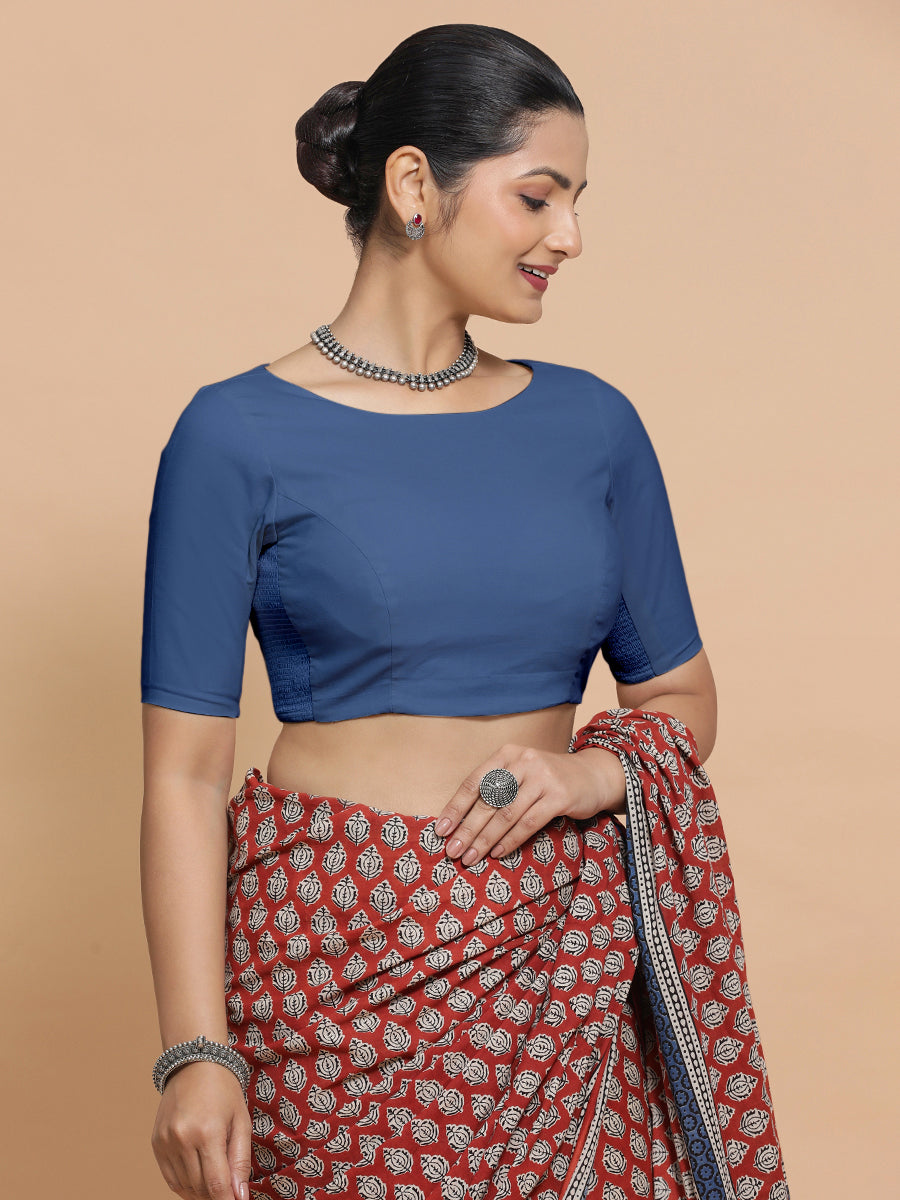 Kumud x Rozaana Saree Blouse, in Blue 100% Cotton - Solid, featuring elbow sleeves and boat neckline, made for daily & work.