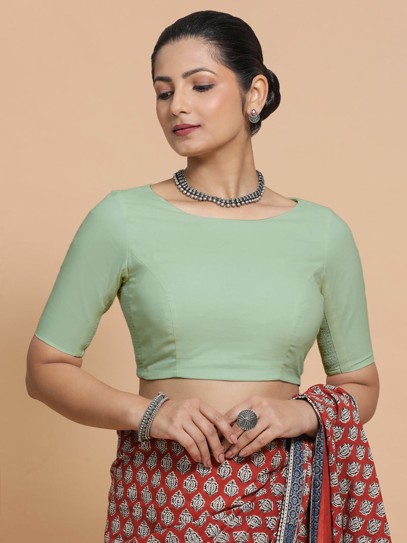 Kumud x Rozaana | Boat Neck Light Sage Plain Cotton Saree Blouse-Binks
