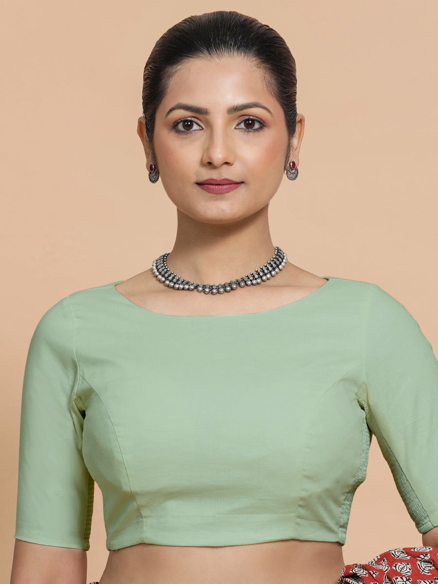 Kumud x Rozaana Saree Blouse, in Green Cotton, featuring elbow sleeves and boat neckline, made for daily & work (view 5).