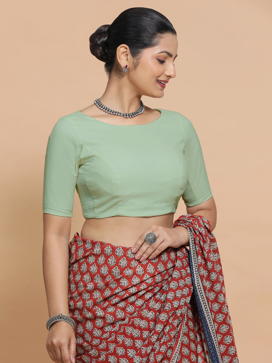 Kumud x Rozaana Saree Blouse, in Green Cotton, featuring elbow sleeves and boat neckline, made for daily & work (view 8).