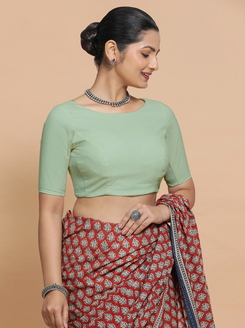 Kumud x Rozaana | Boat Neck Light Sage Plain Cotton Saree Blouse-Binks
