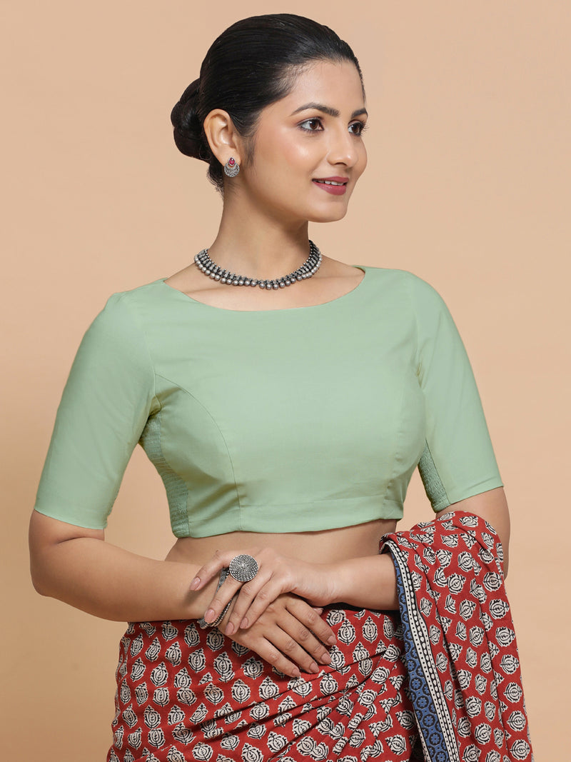 Kumud x Rozaana | Boat Neck Light Sage Plain Cotton Saree Blouse-Binks
